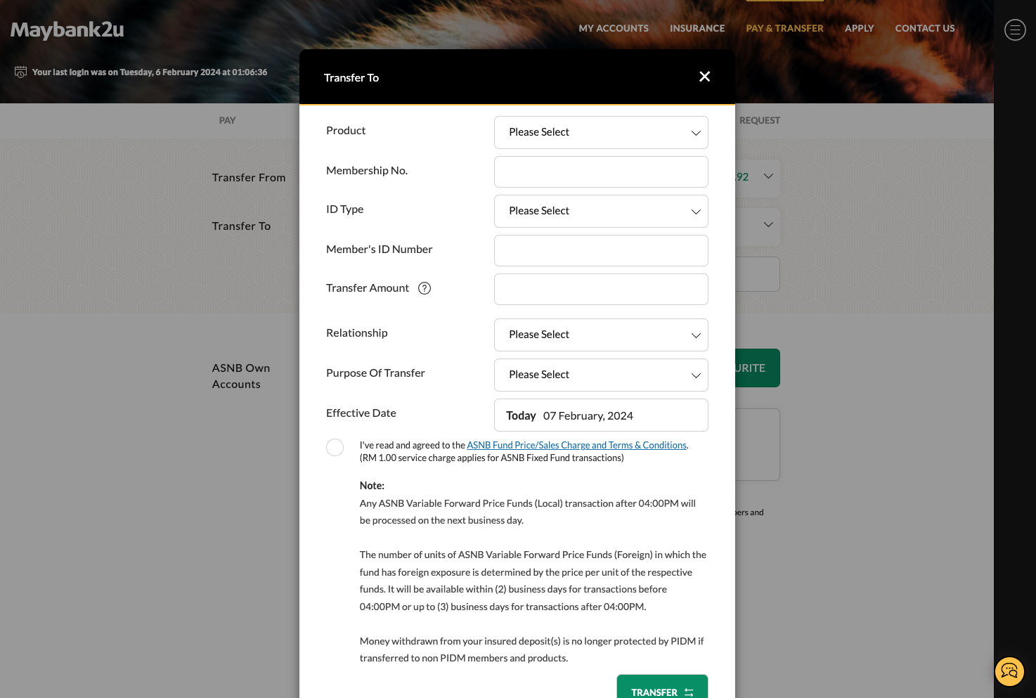 Screenshot of ASNB Transfer
