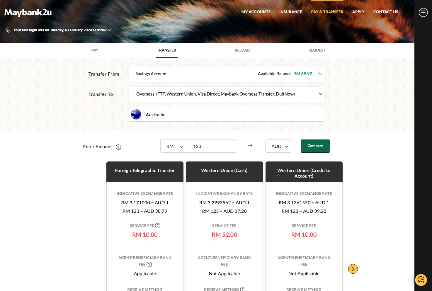 Screenshot of Overseas Transfer